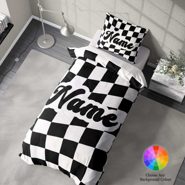 Personalised Name Colour Retro Vans Checked Novelty Custom Made Single Size Bed Duvet Cover + Pillowcase Option Set His Her Decoration - image 1