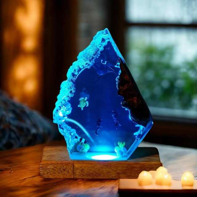 Ocean Divers Resin With Manta Rays Lamp - Handmade Deep Sea Night Light & Coral Reef, Underwater Diorama Decor, Nautical Gift For Him Or Her - image 1