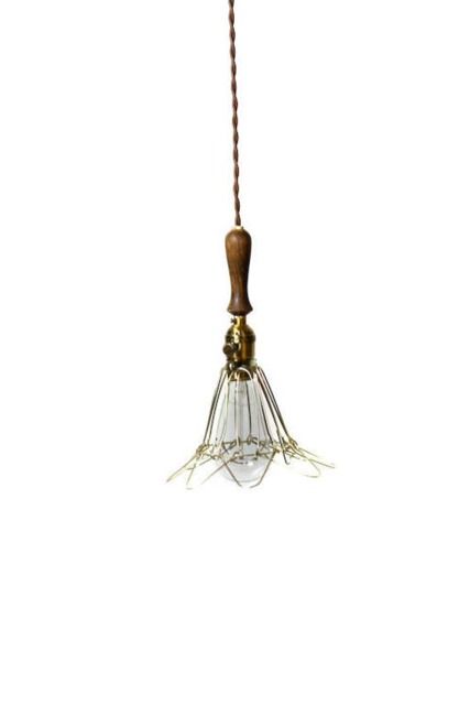 Antique Style Wood Handled Turnkey Switch Trouble Light Pendant - Open/Close Antique Brass Cage Brown Stained Handle Vintage - image 1