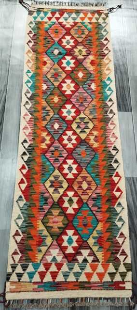 Multicolour Runner Rug, Handmade Artisan Afghan Turkish Scandinavian Navajo Bohemian Flatweave Wool Kilim Rug 194x61 cm - image 1