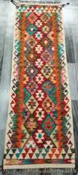 Multicolour Runner Rug, Handmade Artisan Afghan Turkish Scandinavian Navajo Bohemian Flatweave Wool Kilim Rug 194x61 cm - thumbnail 1
