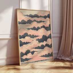 Japanese Cloud Print, Pastel Ukiyo-E Sky Poster, Tranquil Minimalist Wall Art, Pink & Blue Illustration, Unframed Decor - thumbnail 2