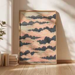 Japanese Cloud Print, Pastel Ukiyo-E Sky Poster, Tranquil Minimalist Wall Art, Pink & Blue Illustration, Unframed Decor - thumbnail 3