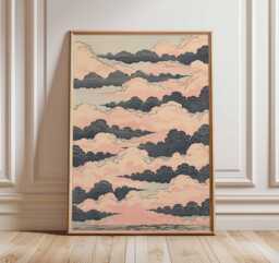 Japanese Cloud Print, Pastel Ukiyo-E Sky Poster, Tranquil Minimalist Wall Art, Pink & Blue Illustration, Unframed Decor - thumbnail 1