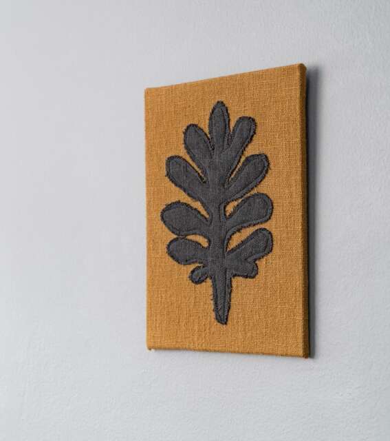 Dark Oak Leaf On Mustard Canvas - Minimalist Botanical Wall Art - image 1