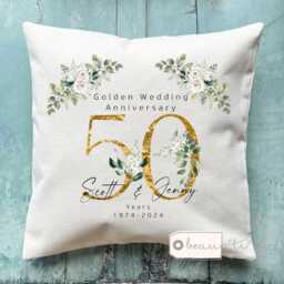 Personalised Golden Wedding Anniversary Gift Silver 25Th 50Th 1St 40Th 10Th Ruby Diamond Pearl Gold Floral Home Linen Style Cushion - thumbnail 1