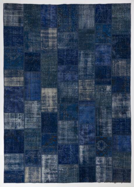 Handmade Navy Blue Patchwork Rug, Turkish Wool, Faded Design - image 1