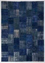 Handmade Navy Blue Patchwork Rug, Turkish Wool, Faded Design - thumbnail 1