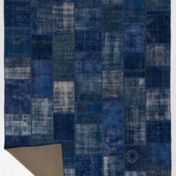 Handmade Navy Blue Patchwork Rug, Turkish Wool, Faded Design - thumbnail 2