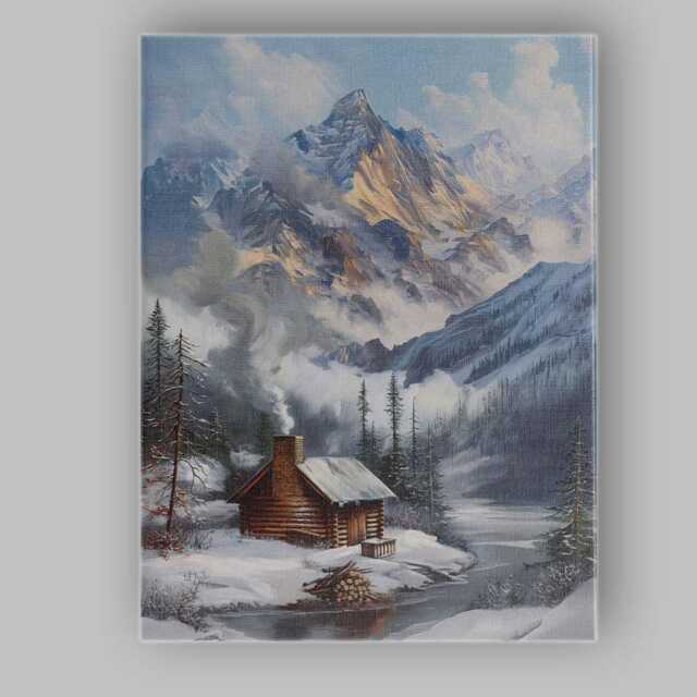 Snow Covered Mountain Cabin Winter Alpine Landscape Canvas Wall Art Print Decor Picture Ready To Hang - image 1