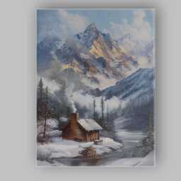 Snow Covered Mountain Cabin Winter Alpine Landscape Canvas Wall Art Print Decor Picture Ready To Hang - thumbnail 1