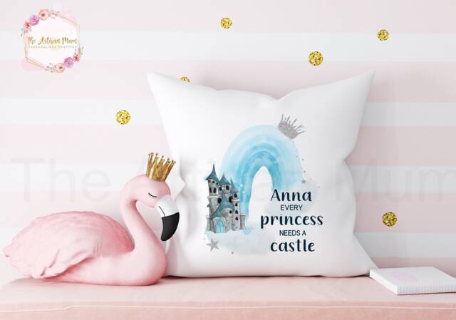 Personalised Children's Princess Cushion, New Baby Gift Pillow, Gifts For Birthdays, Princess Name Kid's Gift, Castle - image 1