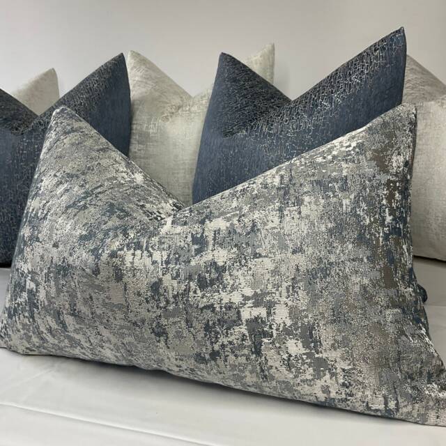 Venus Cushion Pillow Cover Denim Blue Silver Shimmer For Sofa Bed Designer Fabric High Quality Handmade in UK Rectangle Double Sided - image 1