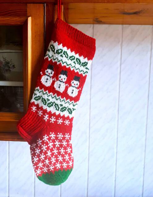 Hand Knit Christmas Stocking, Red & White Holiday Decor With Snowmen - image 1