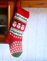 Hand Knit Christmas Stocking, Red & White Holiday Decor With Snowmen