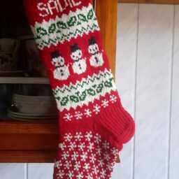 Hand Knit Christmas Stocking, Red & White Holiday Decor With Snowmen - thumbnail 3
