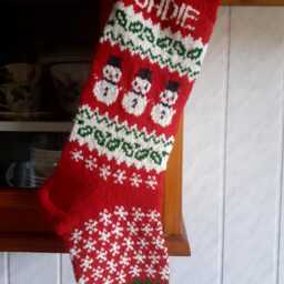 Hand Knit Christmas Stocking, Red & White Holiday Decor With Snowmen - thumbnail 2