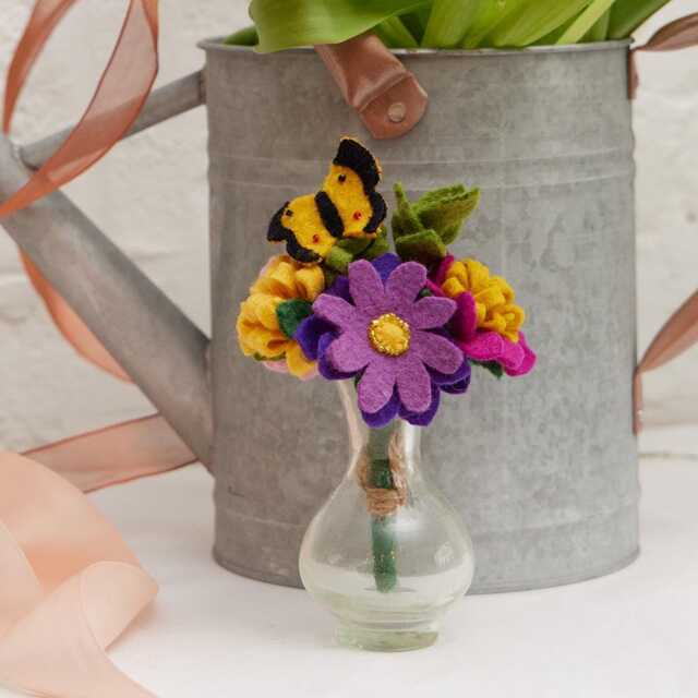 Sweet Summertime Bouquet With Butterfly & Vase, Colorful Felt Flower Arrangement, Handmade Gift, Bright Summer Home Decor, Eco Art - image 1