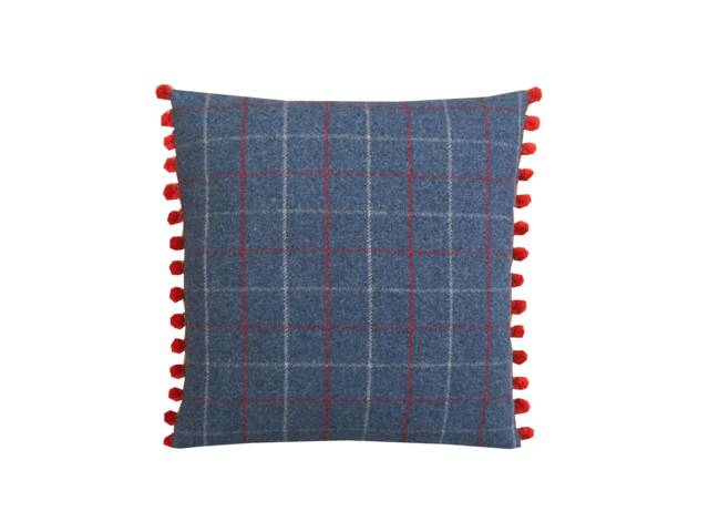 Bamburgh Tartan Plaid Throw Pillow Cover Royal Blue Tweed With Red Pom Poms - image 1
