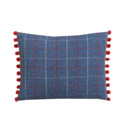 Bamburgh Tartan Plaid Throw Pillow Cover Royal Blue Tweed With Red Pom Poms - thumbnail 2