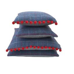 Bamburgh Tartan Plaid Throw Pillow Cover Royal Blue Tweed With Red Pom Poms - thumbnail 3