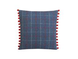 Bamburgh Tartan Plaid Throw Pillow Cover Royal Blue Tweed With Red Pom Poms - thumbnail 1