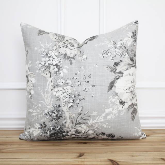 Gray Floral Pillow Cover 20x20 Throw Linen Designer Grey Decorative -- Isla - image 1