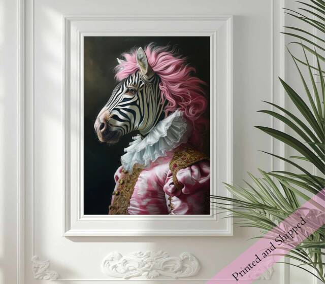 Rococo Zebra Portrait Print Pink Hair, Victorian Animal Art - image 1