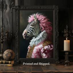 Rococo Zebra Portrait Print Pink Hair, Victorian Animal Art - thumbnail 2