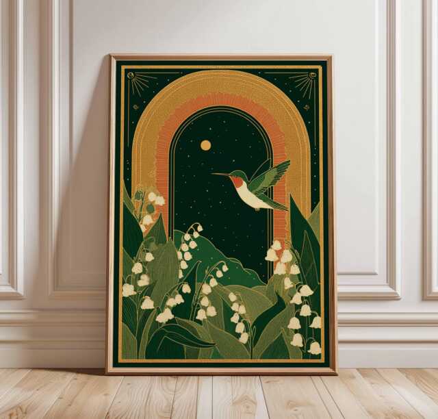 Hummingbird Lily Of The Valley Art Print, Vintage Goth Cottagecore Decor