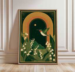 Hummingbird Lily Of The Valley Art Print, Vintage Goth Cottagecore Decor - thumbnail 1