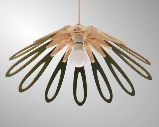 Olive Green Pendant Light - Birch Plywood Lampshade Handmade in Yorkshire 12 Petal Design - image 1