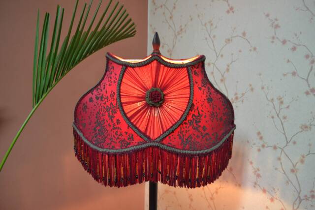Burgundy Silk Lampshade Handmade Flocking Print With Beaded Fringe - image 1