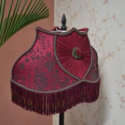 Burgundy Silk Lampshade Handmade Flocking Print With Beaded Fringe - thumbnail 3