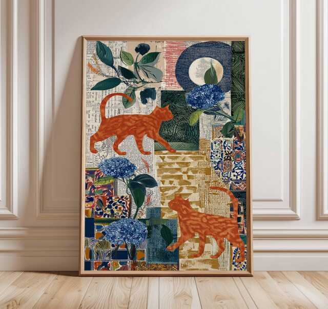Boho Cat Collage Poster, Abstract Botanical Wall Art Print, Colorful Animal Artwork, Modern Bohemian Decor, Vibrant Nature Design - image 1