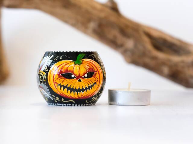 Painted Wooden Jack O'lantern Tea Light Holder, Pumpkin Face Halloween Decor - image 1