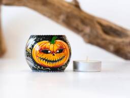 Painted Wooden Jack O'lantern Tea Light Holder, Pumpkin Face Halloween Decor