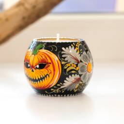Painted Wooden Jack O'lantern Tea Light Holder, Pumpkin Face Halloween Decor - thumbnail 3