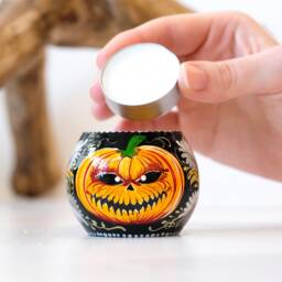 Painted Wooden Jack O'lantern Tea Light Holder, Pumpkin Face Halloween Decor - thumbnail 2