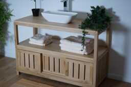 Hand-Crafted Solid Oak Bathroom Vanity Unit - Minimalist Wash Stand, Sliding Doors Clear Finish