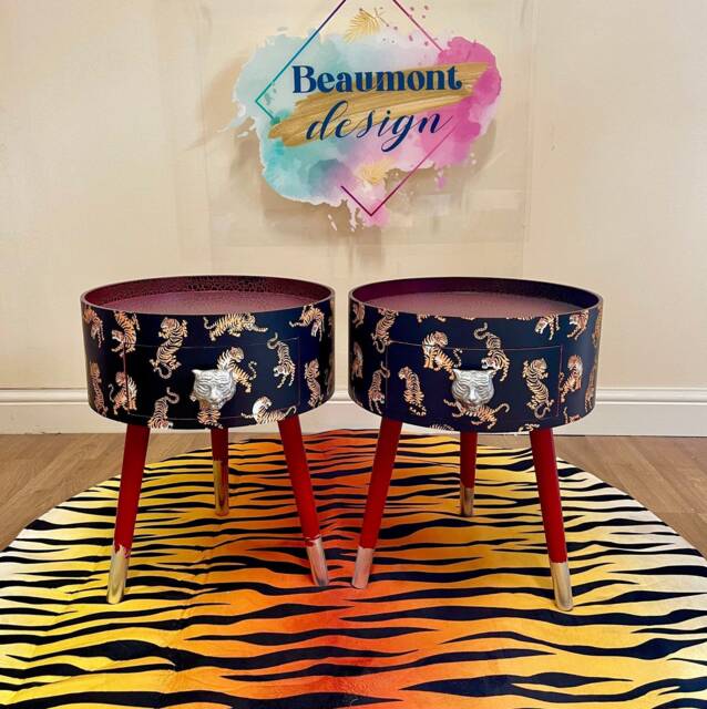 Pair Of Bedside Tables, Black & Red Nightstand With Tiger Design, Silver Handle, Side Table Drawer, Eclectic Design - image 1