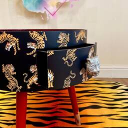 Pair Of Bedside Tables, Black & Red Nightstand With Tiger Design, Silver Handle, Side Table Drawer, Eclectic Design - thumbnail 3