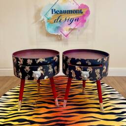 Pair Of Bedside Tables, Black & Red Nightstand With Tiger Design, Silver Handle, Side Table Drawer, Eclectic Design - thumbnail 2