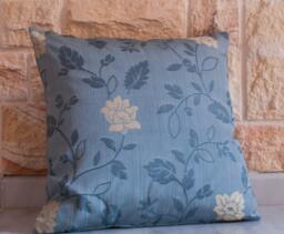Blue Pillow Cover, Floral Anaglyph Cream Gold Flowers, Leaves, 18x18