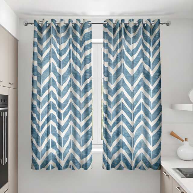 Blue Chevron Kitchen Curtains, Modern Leaf Pattern Drapes, White Aqua Made To Mesaure Panels, Geometric Cafe Window Treatment Decor - image 1