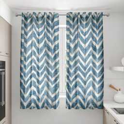 Blue Chevron Kitchen Curtains, Modern Leaf Pattern Drapes, White Aqua Made To Mesaure Panels, Geometric Cafe Window Treatment Decor - thumbnail 1