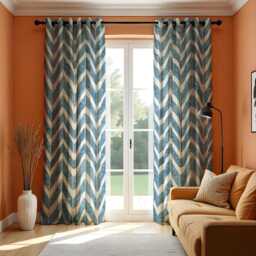 Blue Chevron Kitchen Curtains, Modern Leaf Pattern Drapes, White Aqua Made To Mesaure Panels, Geometric Cafe Window Treatment Decor - thumbnail 3