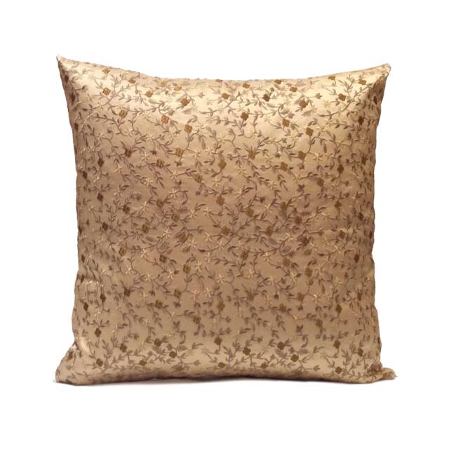 Light Gold/Tan Pillow, Decorativethrow Pillow Cover, Cushion Designer Pillow, Boho Accent Pillowcase, Silk Floral Embroidered Pillow - image 1