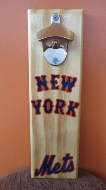 New York Mets Wall Mounted Wooden Magnetic Bottle Opener With Magnetic Cap Catcher Bottle Catching Opener - image 1