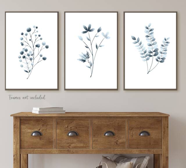 Set Of 3 Navy Blue Botanical Wall Art Prints, Dusky Floral Living Room Posters, Pictures, Bedroom Art, Kitchen Prints - image 1